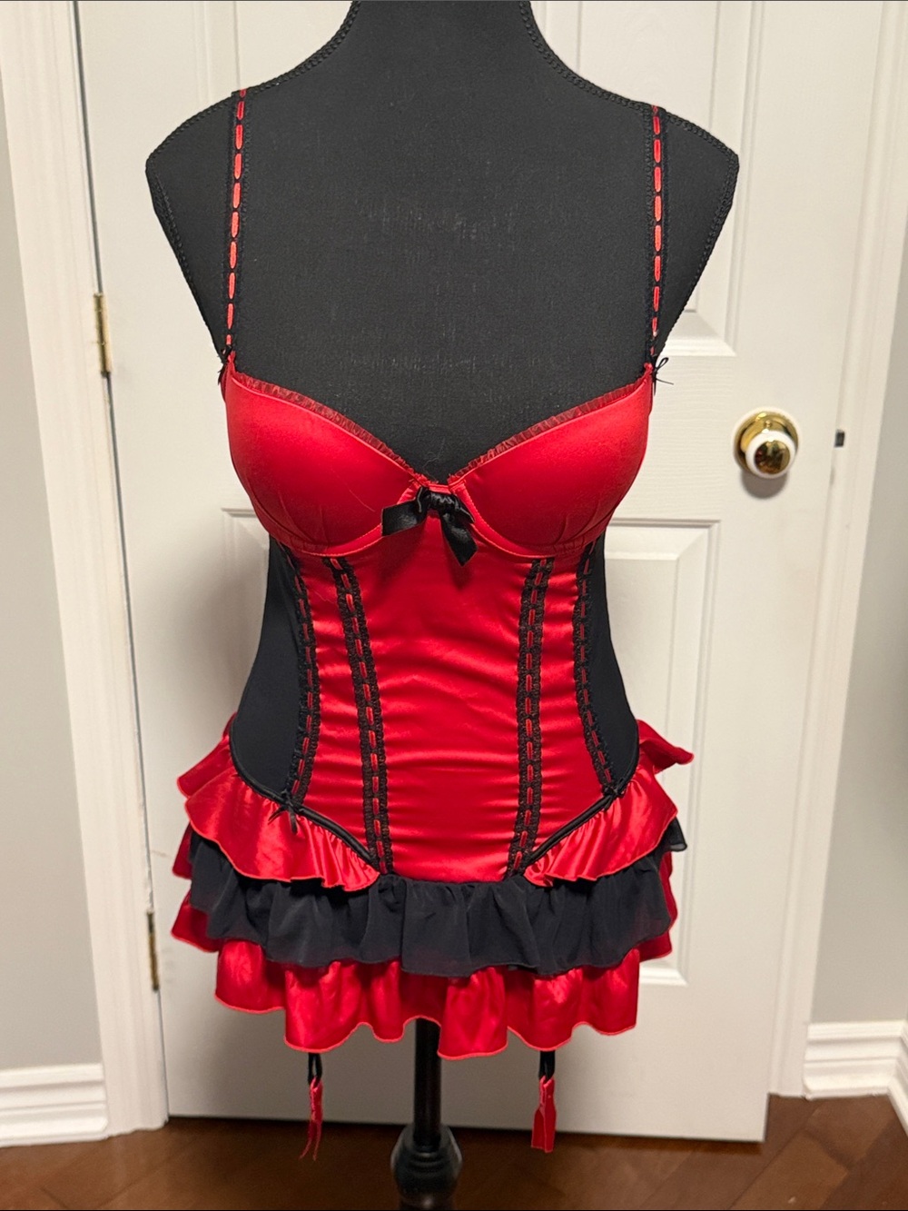 La SENZA Red and Black Satin Bustier Chemise with Ruffle Hem